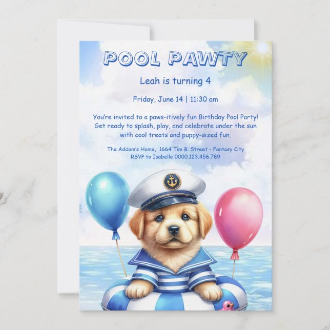 Convite de Aniversário para Festa na Piscina com S (Frente)