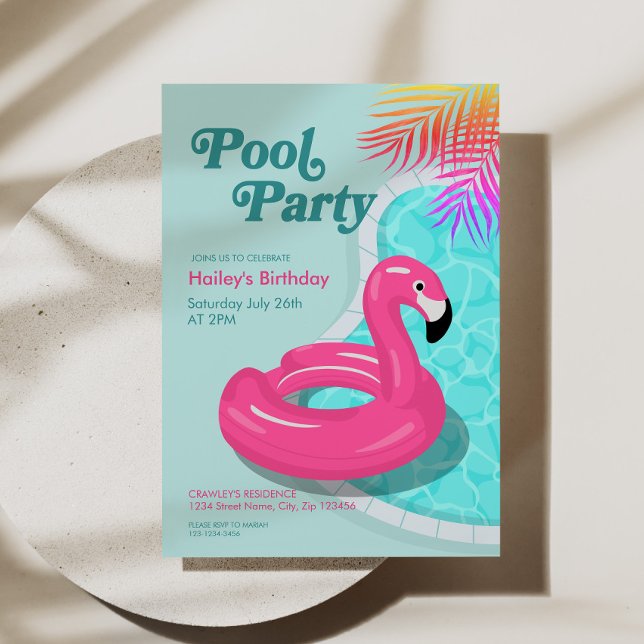 Convite de Aniversário para Festa na Piscina do Fl (Flamingo Pool Party Birthday Invite Pink)