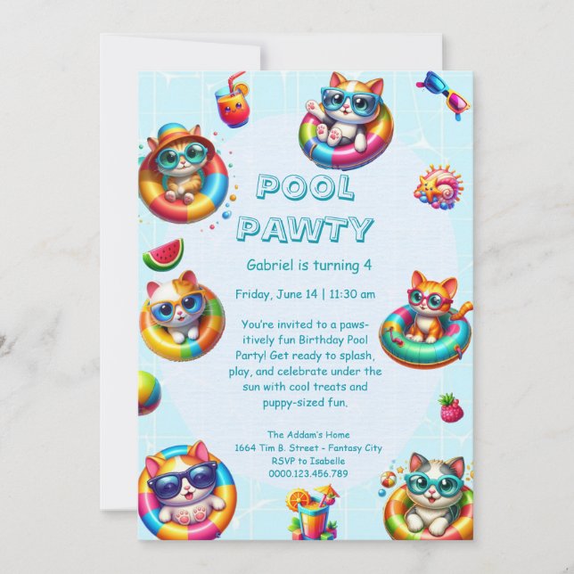 Convite de Aniversário para Festa na Piscina Kitty (Frente)