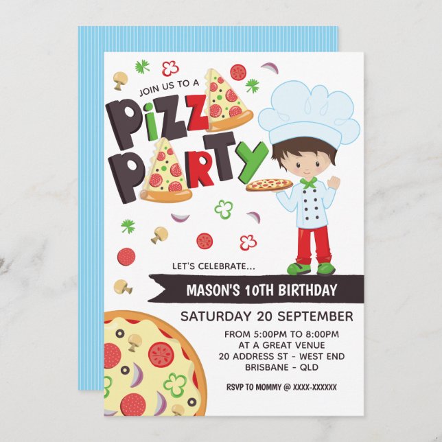 Convite de Aniversário para Festas de Pizza Menina (Frente/Verso)