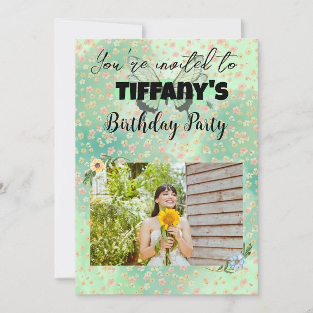 Convite de Aniversário para Flores e Borboletas (Frente)