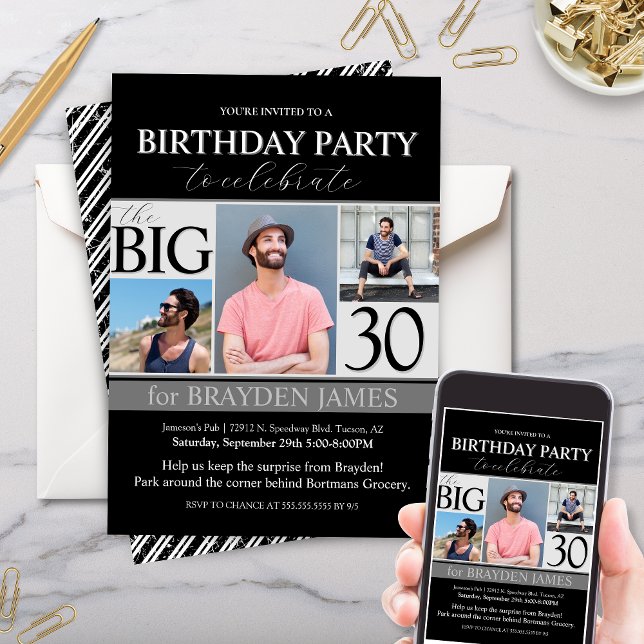 Convite de Aniversário para Foto Branca e Preta Mo (Modern Elegant Black and White over the hill theme birthday party invitation with photo collage)