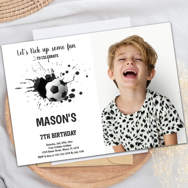 Convite de Aniversário para Futebol de Tinta Negra (Black Ink Soccer Birthday Invitations with photo)