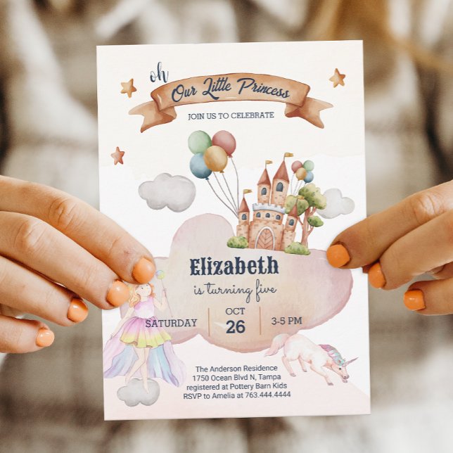 Convite de Aniversário para Garota do Castelo de U (Fairytale Unicore Castle Princess Girl Birthday Party Invitation)