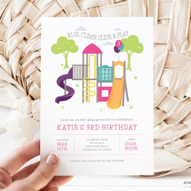 Convite de Aniversário para Garota do Parque de Pl (Playground Park Birthday Invitation for Girl)