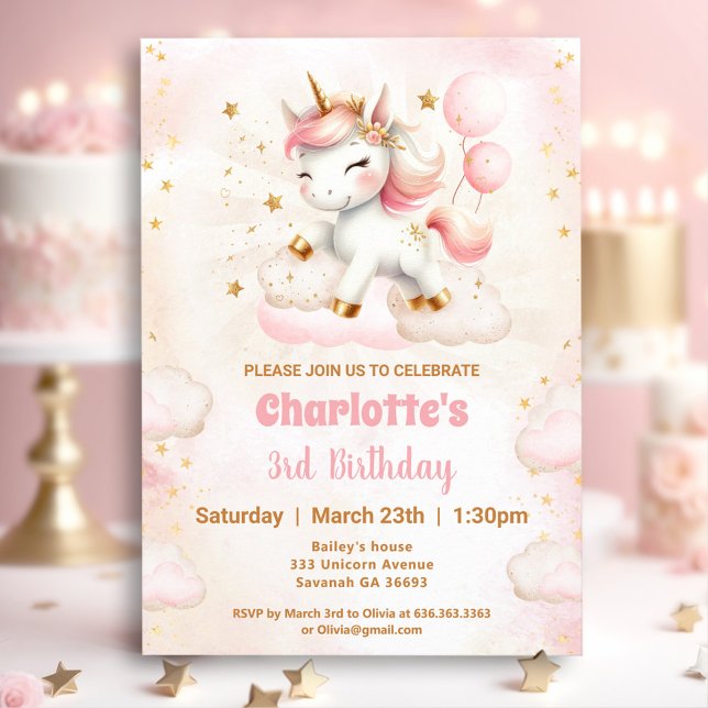 Convite de Aniversário para Garota do Unicórnio Ro (Pink Cute Unicorn Girl Birthday Invitation)