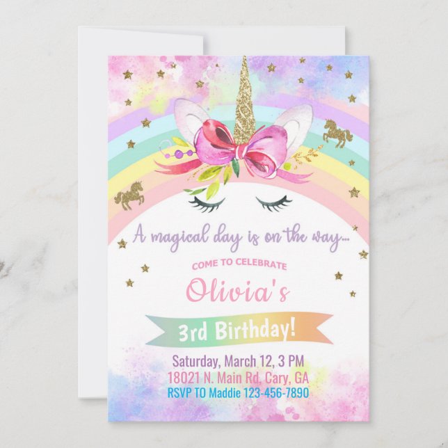 Convite de aniversário para garotas da Unicorn hea (Frente)