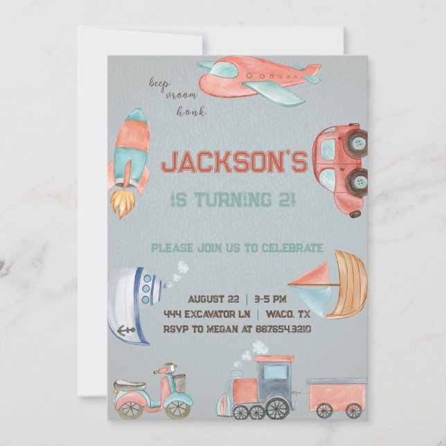 Convite de aniversário para garoto de transporte. (Frente)