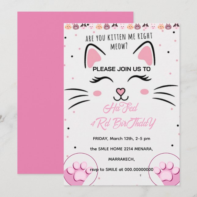 Convite de aniversário para gatinhos e Amigos, Imp (Frente/Verso)