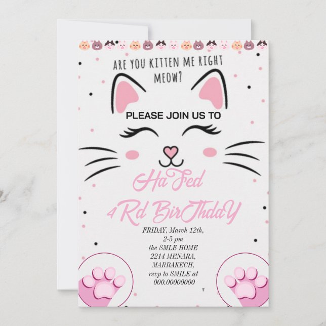 Convite de aniversário para gatinhos e Amigos, Imp (Frente)