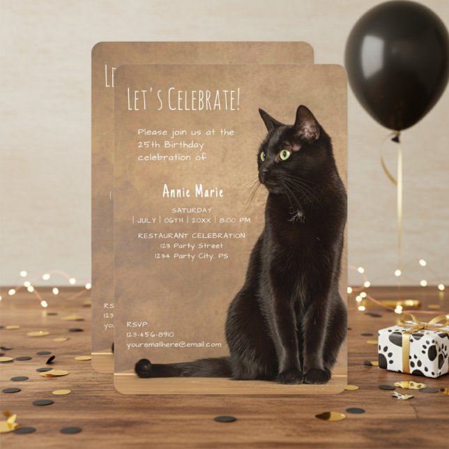 Convite de Aniversário para Gato Negro (Black Cat Birthday Invitation)