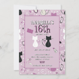 Convite de Aniversário para Gatos Cardíacos Roxos