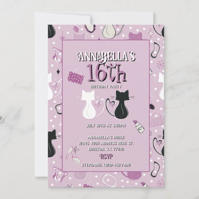 Convite de Aniversário para Gatos Cardíacos Roxos  (Frente)