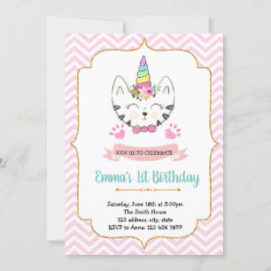 Convite de aniversário para gatos Unicorn