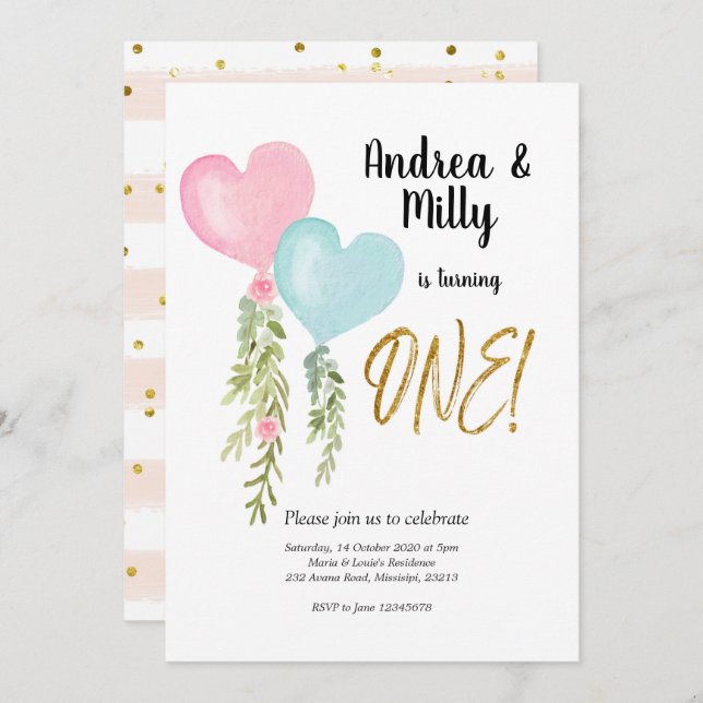 Convite de aniversário para gêmeos balões e menina (Frente/Verso)