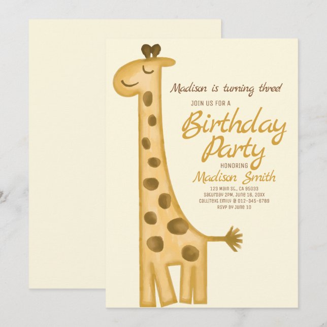Convite de Aniversário para Girafa, Linda Watercol (Frente/Verso)