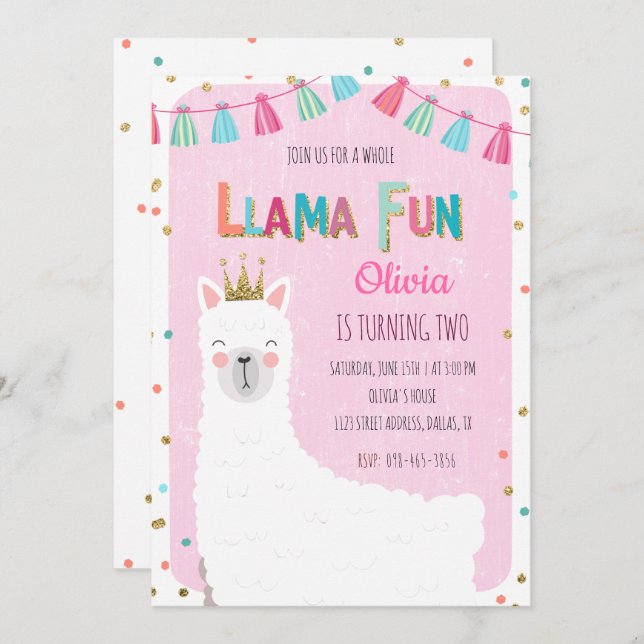 Convite de aniversário para Girl Llama (Frente/Verso)