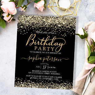 Convite de Aniversário para Glitter Preto e Dourad