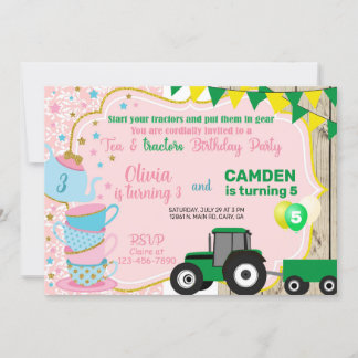 Convite de aniversário para irmãos Chá & Trators.