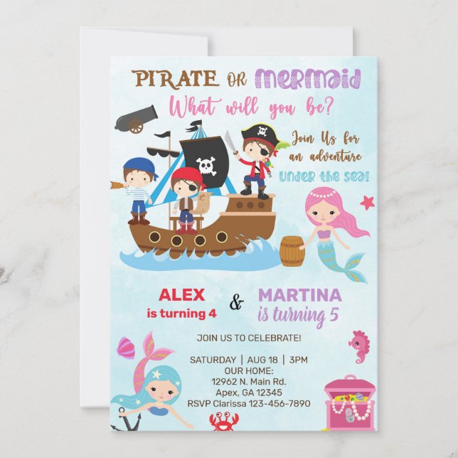 Convite de aniversário para irmãos Pirata e Sereia (Frente)