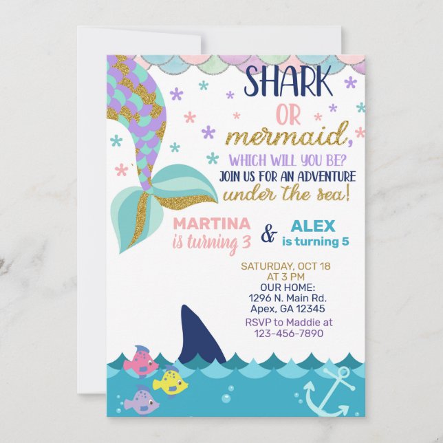 Convite de aniversário para irmãos Shark e Mermaid (Frente)