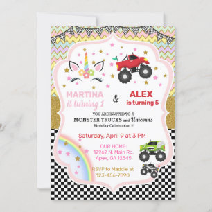 Convite de aniversário para irmãos Unicorn e monst
