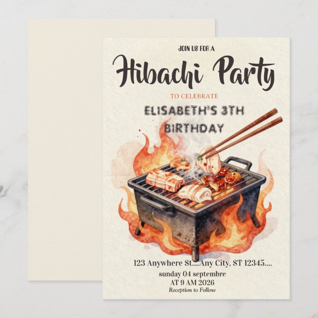 Convite de Aniversário para Jantar de Hibachi Japo (Frente/Verso)