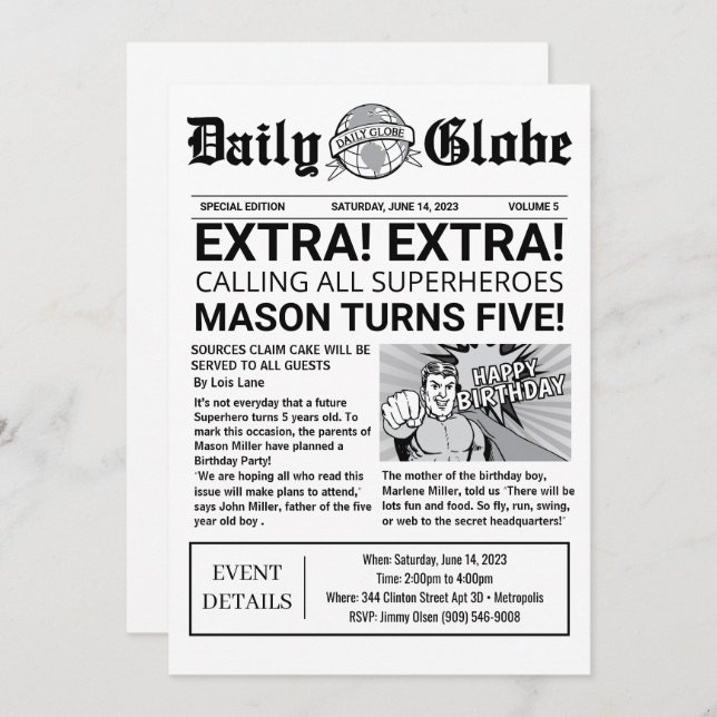 Convite de aniversário para jornal de super-heróis (Frente/Verso)