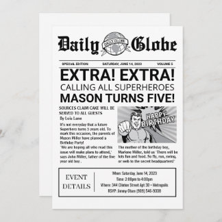 Convite de aniversário para jornal de super-heróis