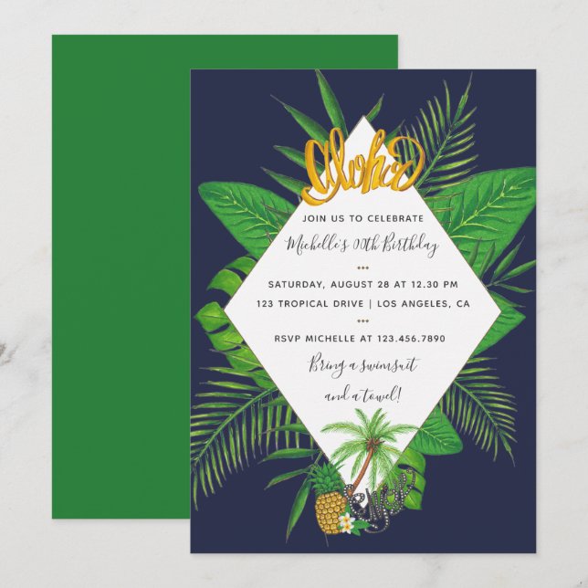 Convite de Aniversário para Luau de Aloha Havaiano (Frente/Verso)