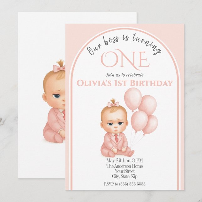 Convite de Aniversário para Menina Chefe - Pastel  (Frente/Verso)