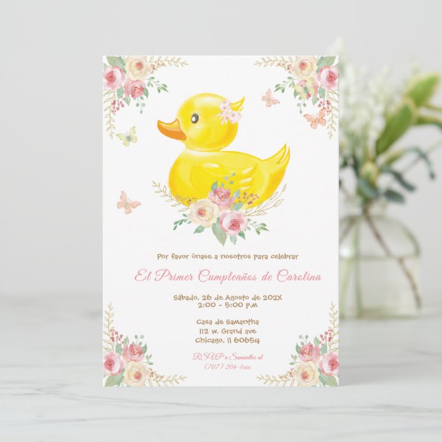 Convite De Aniversário Para Menina de Pato de Borracha (Em pé/Frente)