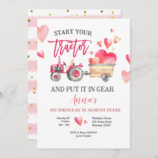 Convite de Aniversário para Menina de Trator Rosa (Frente/Verso)