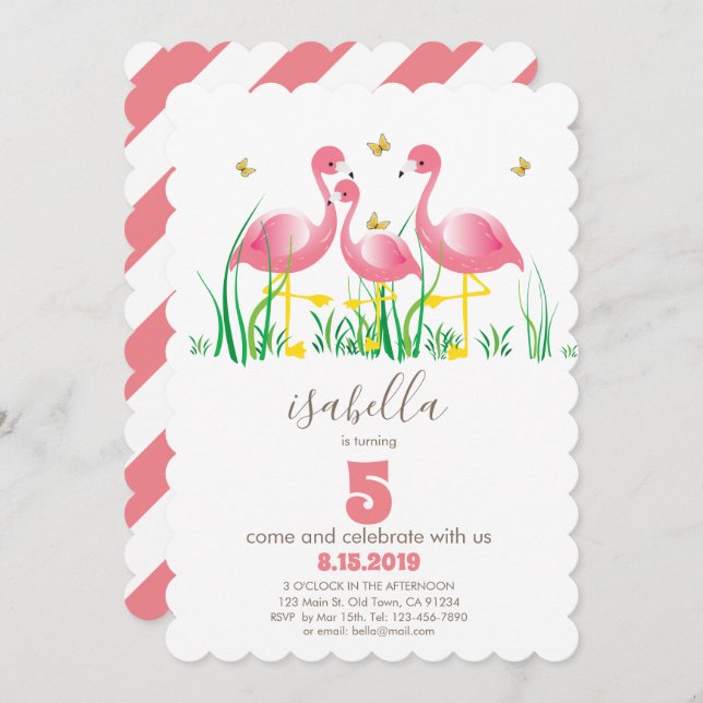 Convite de Aniversário para Menina Flamingo Rosa (Frente/Verso)