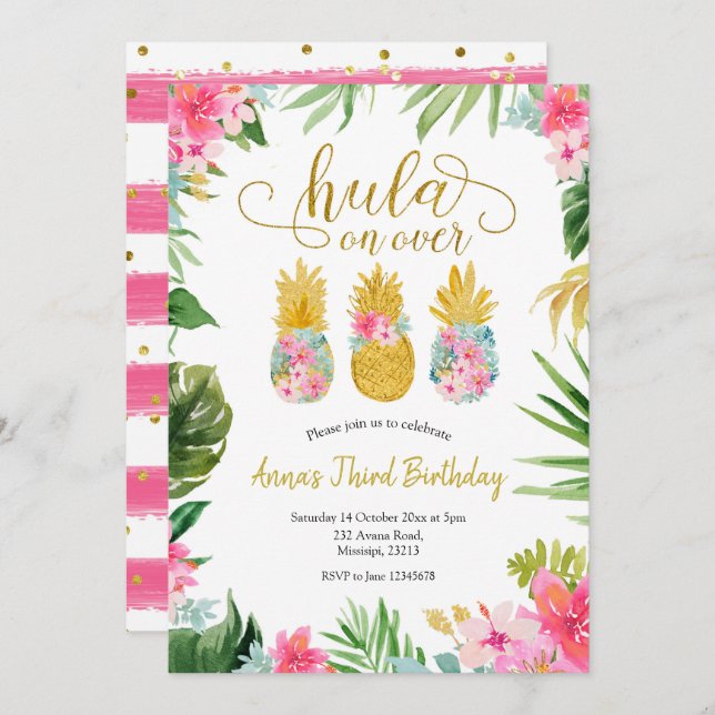 Convite de Aniversário para Menina Luau Pineapple (Frente/Verso)