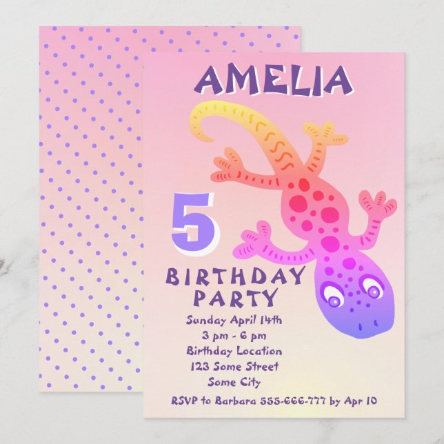Convite de Aniversário para Meninas com Lagartixa  (Frente/Verso)