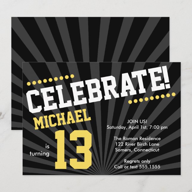 Convite de Aniversário para Meninos, Amarelo e Neg (Frente/Verso)
