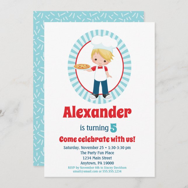 Convite de aniversário para meninos de pizza loira (Frente/Verso)