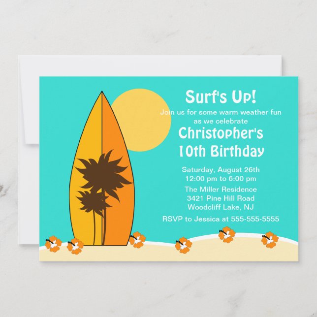 Convite De Aniversário Para Nadação De Surf (Frente)