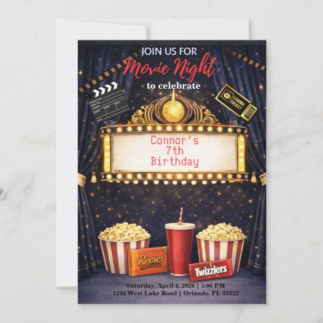 Convite de Aniversário para Noite de Cinema  (Frente)