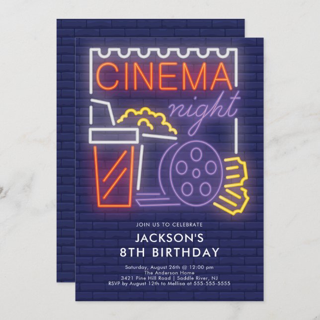 Convite de Aniversário para Noite de Cinema Neon (Frente/Verso)