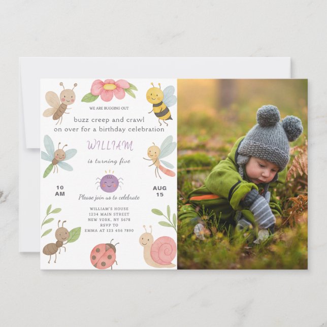 Convite De Aniversário Para Novos Insetos Com Foto (Frente)