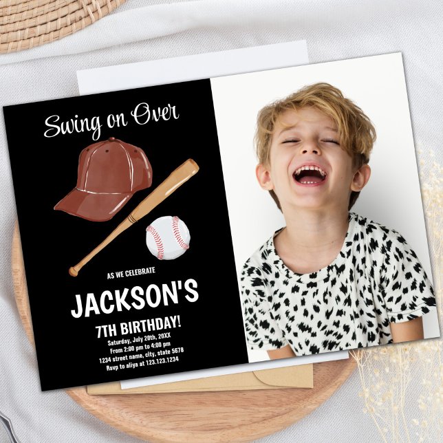 Convite de aniversário para o Baseballs com preto (Baseballs Birthday Invitations with black w photo)