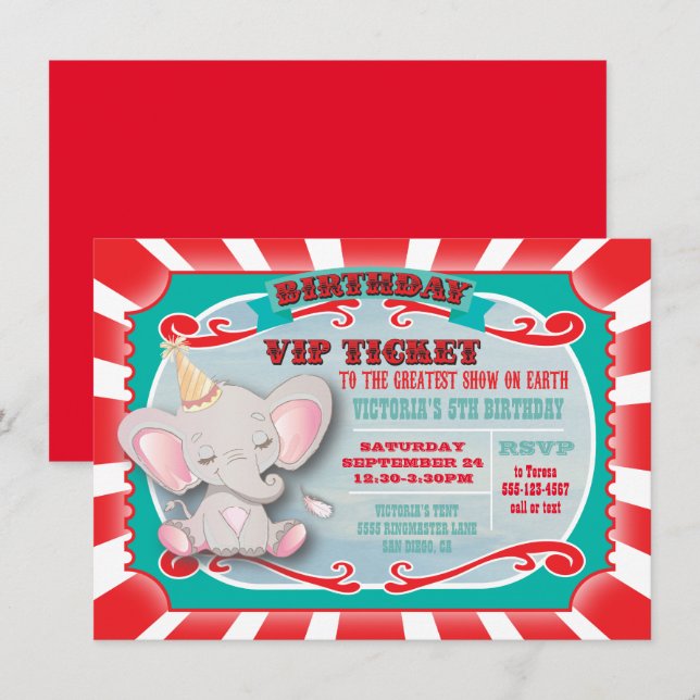 Convite de Aniversário para o Circo de Elefante Be (Frente/Verso)