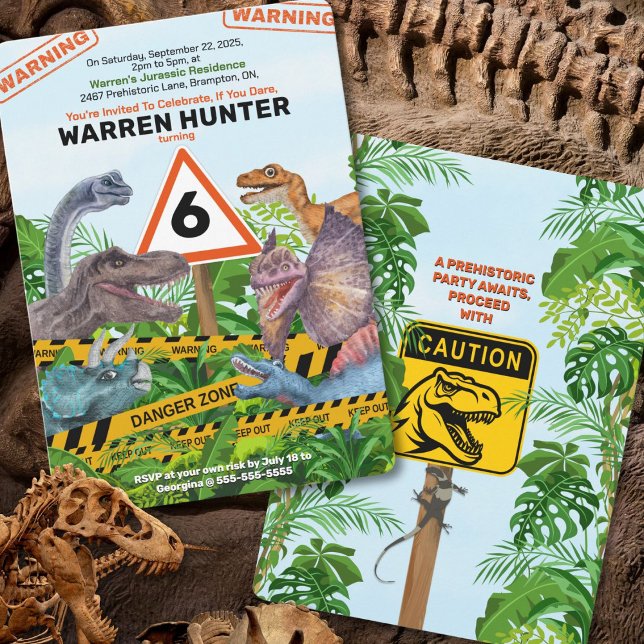 Convite de aniversário para o Danger Hanger (Grab your bold dinosaur invitation with jungle leaves, warning tape, and adventure - if you dare!)