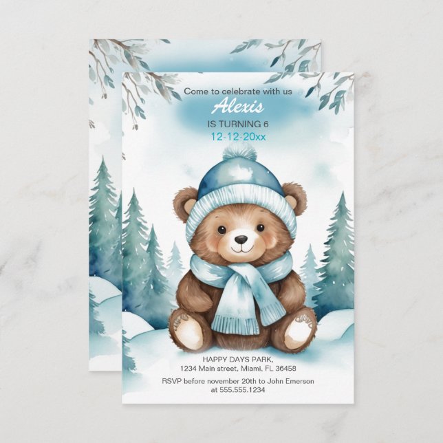 Convite de aniversário para o Urso Bebê-Inverno Bo (Frente/Verso)