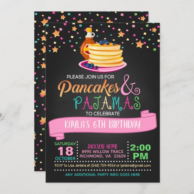 Convite de aniversário para panquecas e pijamas (Frente/Verso)