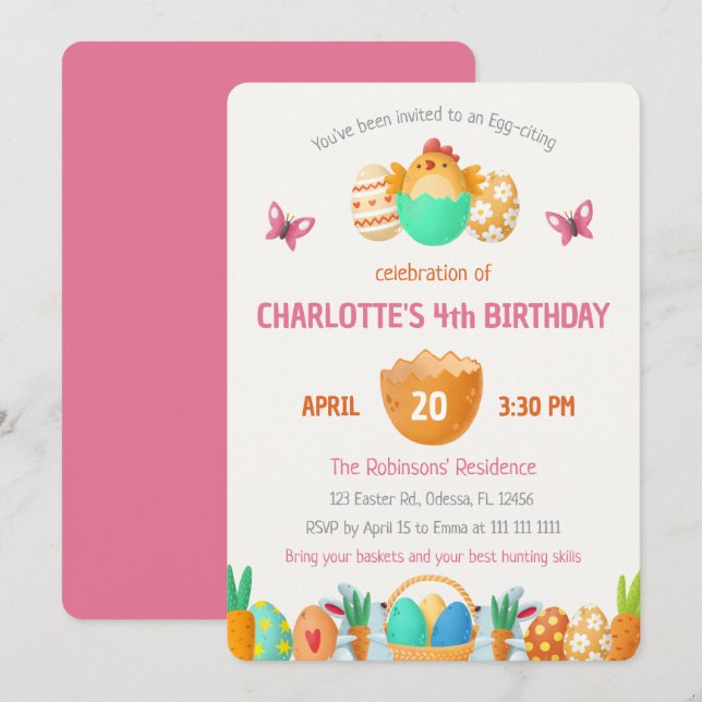 Convite de Aniversário para Páscoas Coloridas (Frente/Verso)