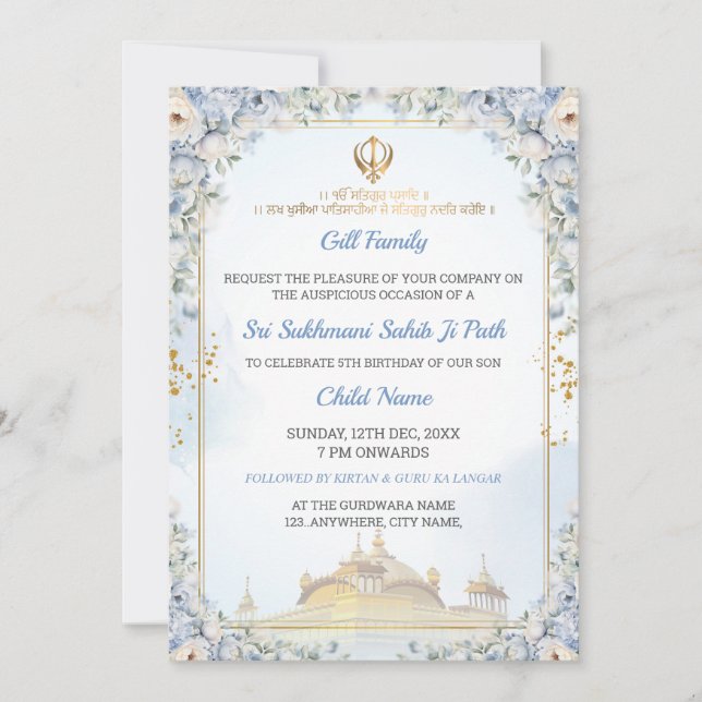 Convite de Aniversário para Path de Sukhmani Sahib (Frente)