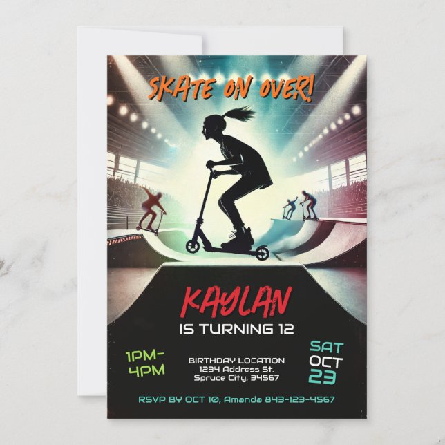 Convite de aniversário para patinetes para raparig (Frente)